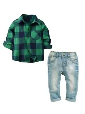 2-Piece Baby Boys Clothes Set Long Sleeve Gingham Shirt Top and Long Jeans Pants