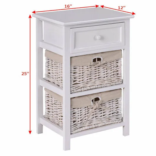 3 Tiers Wooden Storage Nightstand with 2 Baskets and 1 Drawer-white