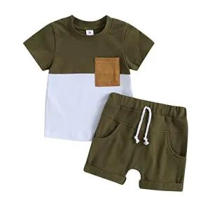allshope Toddler Baby Boy Summer Outfit Short Sleeve Contrast Color T Shirt Top Elastic Solid Shorts Cute Newborn Clothes Set