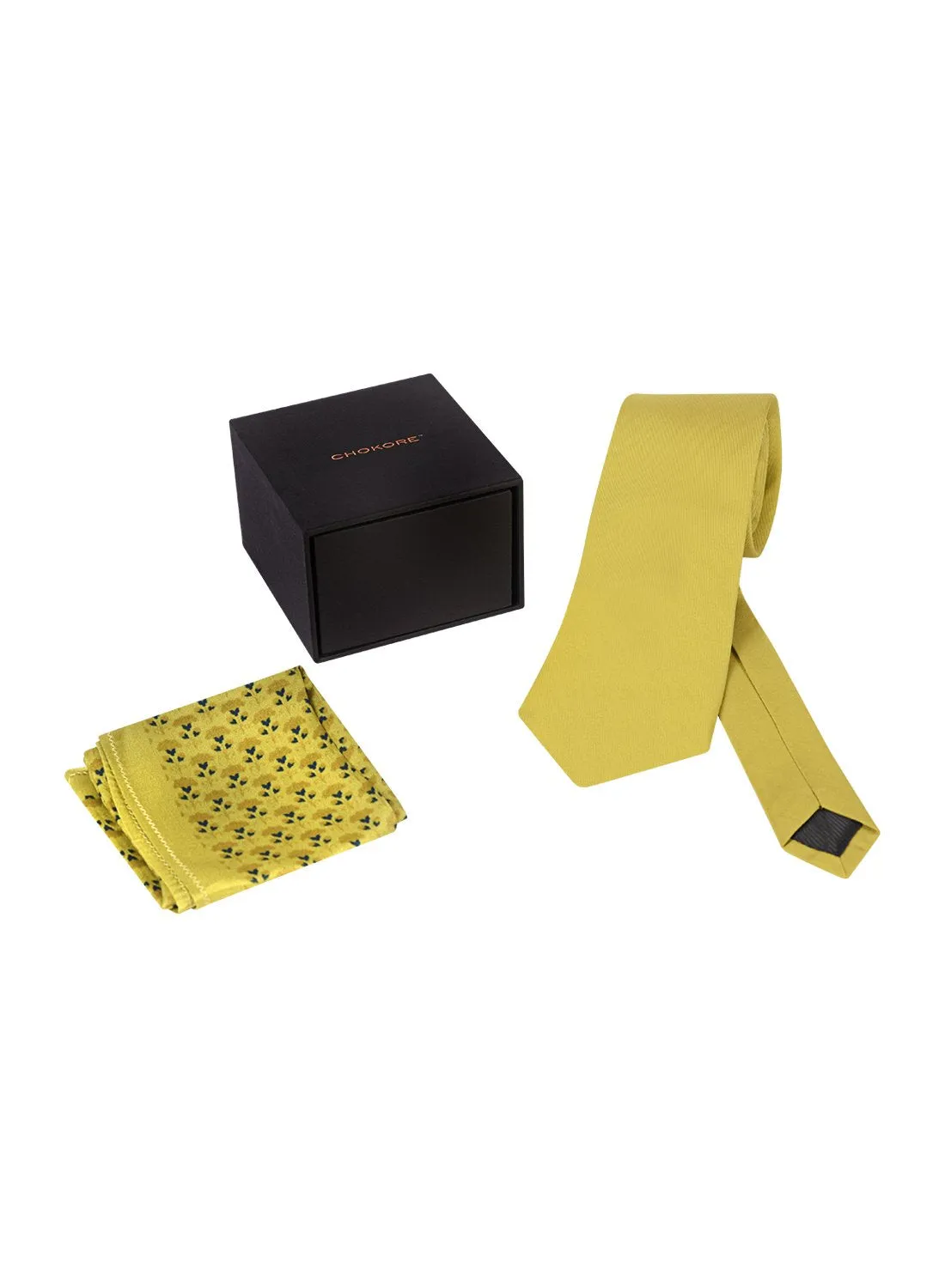 Chokore Yellow color silk tie & Yellow & Lemon Yellow Pure Silk Pocket Square set