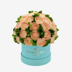 Classic Mint Green Suede Box | Peach Persian Buttercups & Green Hydrangeas