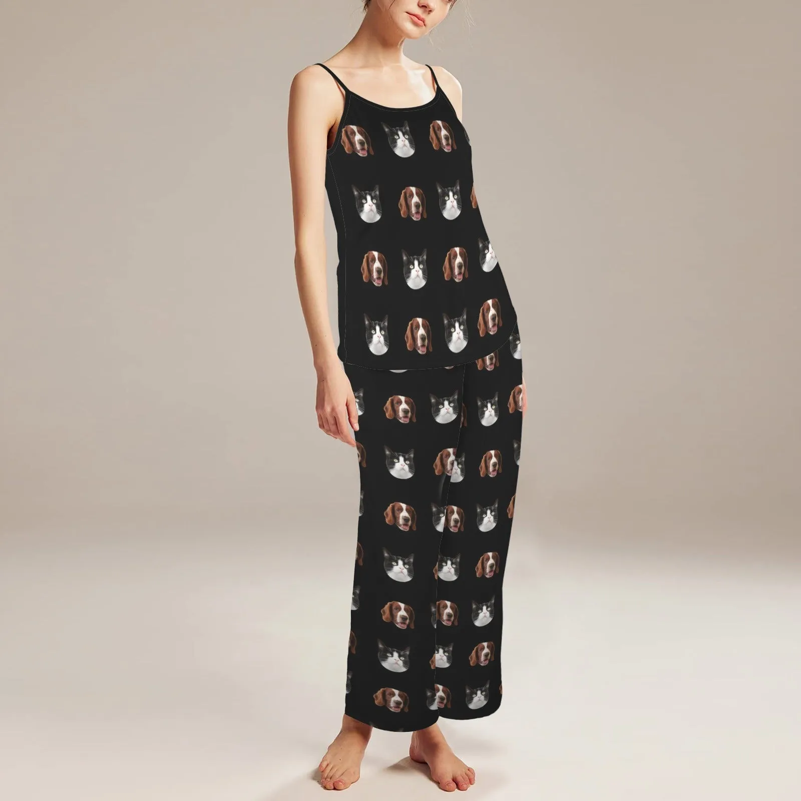 Custom Face Cute Pet Sleepwear Personalized Women's Cami Top & Long Pants Pocket Pajama Sets