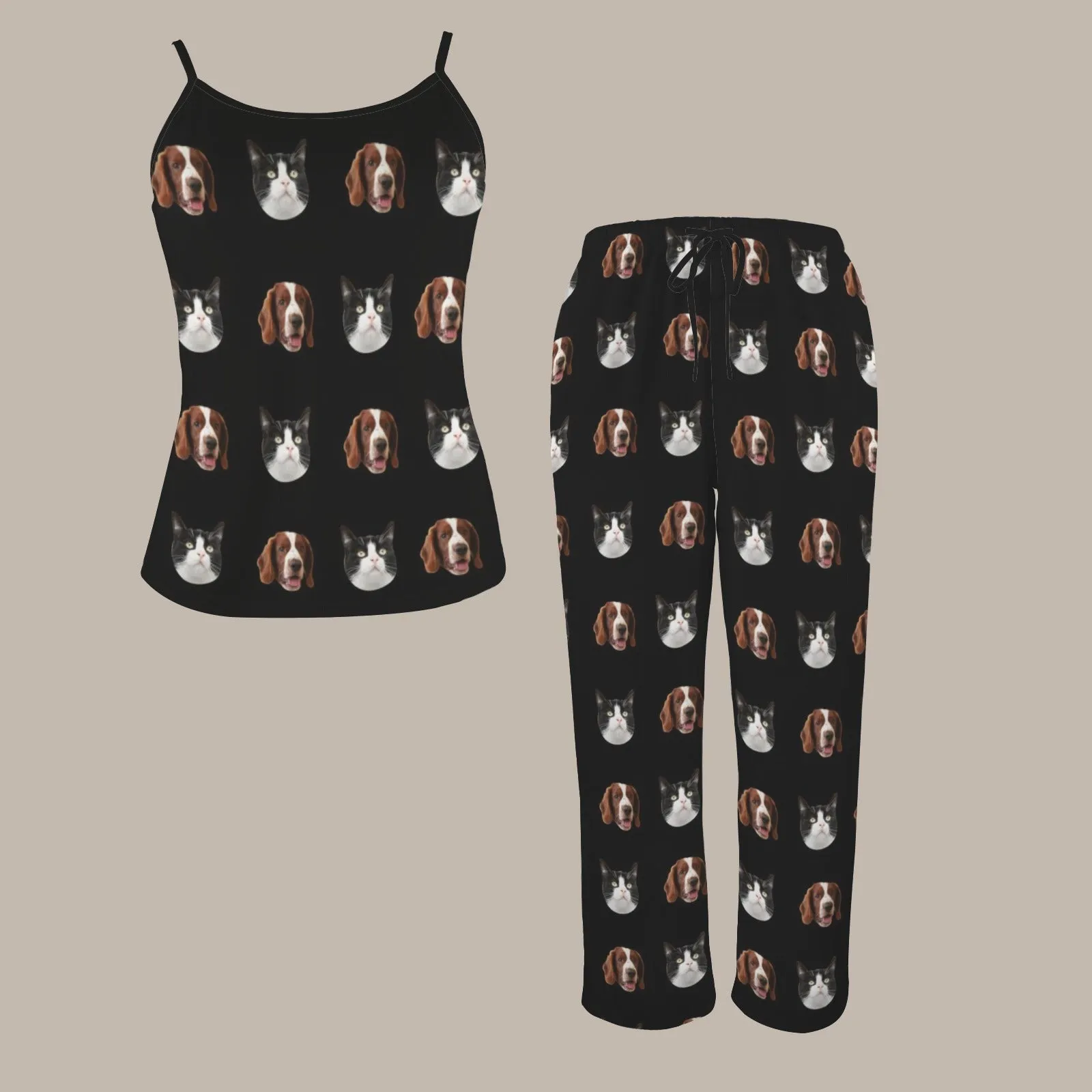 Custom Face Cute Pet Sleepwear Personalized Women's Cami Top & Long Pants Pocket Pajama Sets