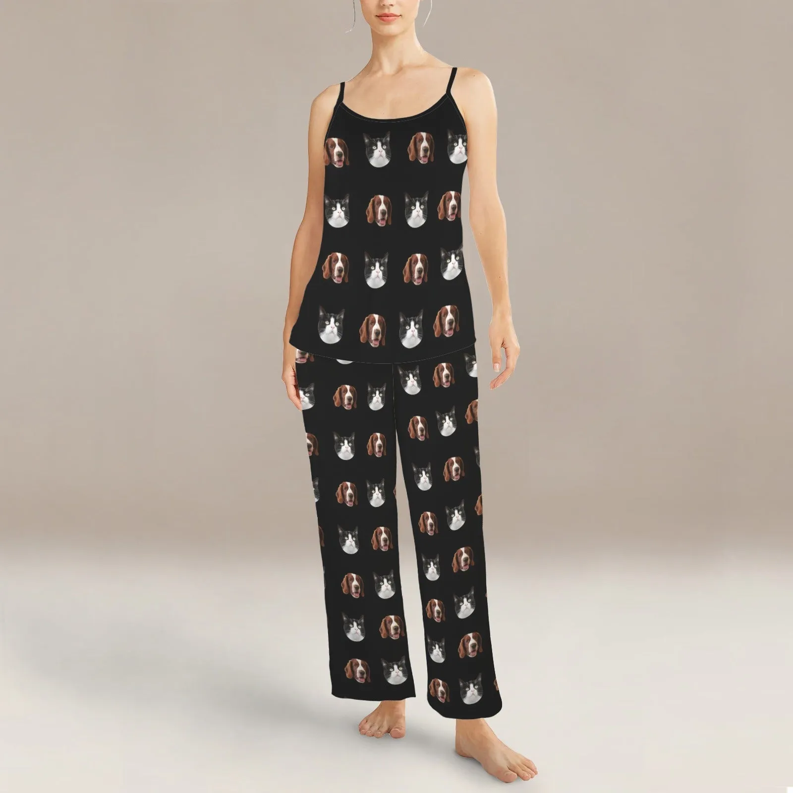 Custom Face Cute Pet Sleepwear Personalized Women's Cami Top & Long Pants Pocket Pajama Sets