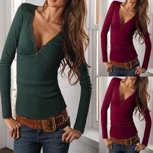 Deep V-neck Long Sleeves Pure Color Slim T-shirt