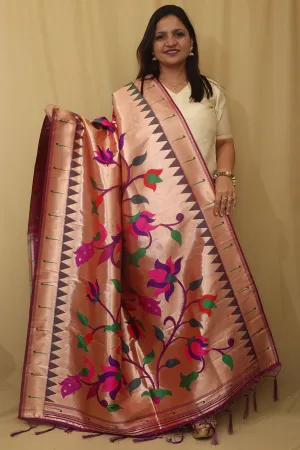 Exquisite Purple Paithani Silk Dupatta with Peacock & Floral Design