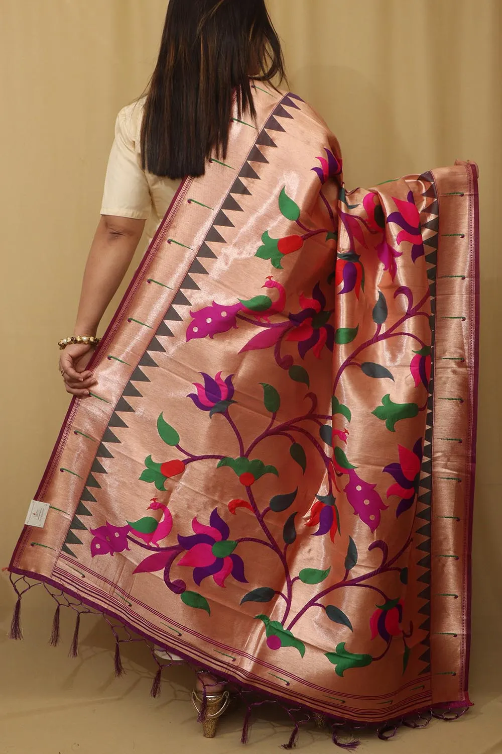 Exquisite Purple Paithani Silk Dupatta with Peacock & Floral Design