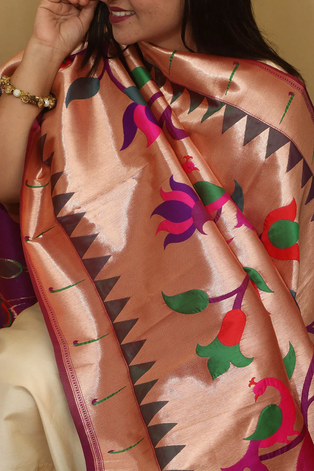 Exquisite Purple Paithani Silk Dupatta with Peacock & Floral Design