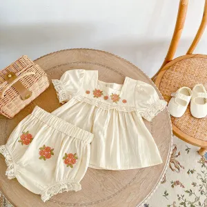 Floral Embroidery Baby Peter Pan Tee & Short Set