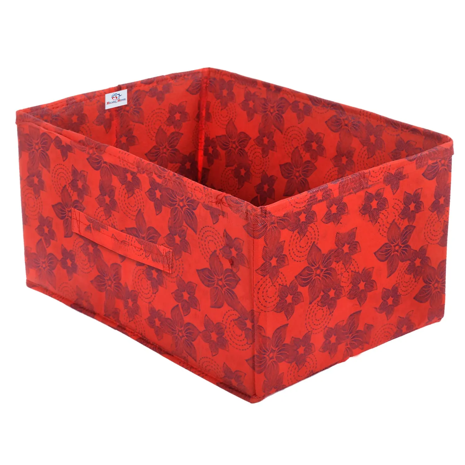 Heart Home Metallic Flower Printed Non-Woven Rectangular Flodable Cloth Storage Box/Drawer- Pack of 6 (Red)-HS43HEARTH26338