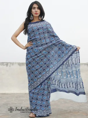 Indigo Blue White Hand Block Printed Cotton Saree In Natural Colors - S031702388