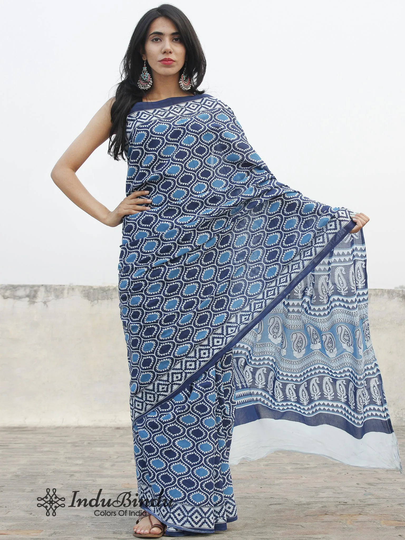 Indigo Blue White Hand Block Printed Cotton Saree In Natural Colors - S031702388