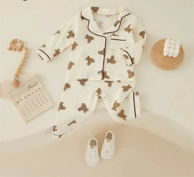 Kids Girls Casual Pajama Sets Cartoon Bear Printed Long Sleeve Front Pocket Lapel Tops Printed Long Pants Homewear 1-6Y
