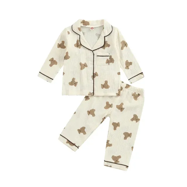 Kids Girls Casual Pajama Sets Cartoon Bear Printed Long Sleeve Front Pocket Lapel Tops Printed Long Pants Homewear 1-6Y