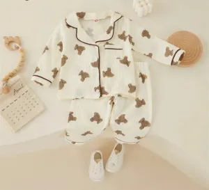 Kids Girls Casual Pajama Sets Cartoon Bear Printed Long Sleeve Front Pocket Lapel Tops Printed Long Pants Homewear 1-6Y