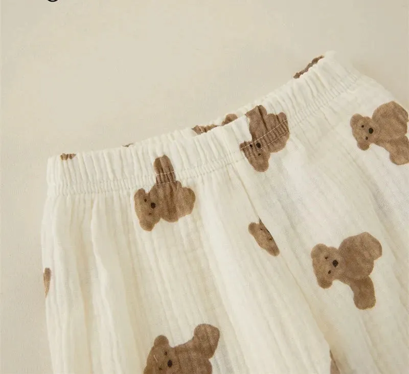Kids Girls Casual Pajama Sets Cartoon Bear Printed Long Sleeve Front Pocket Lapel Tops Printed Long Pants Homewear 1-6Y
