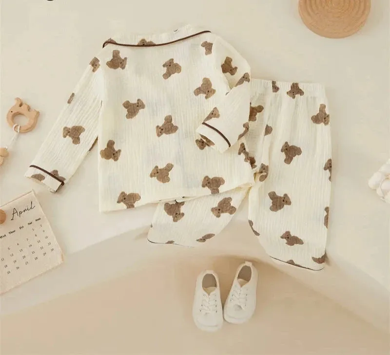 Kids Girls Casual Pajama Sets Cartoon Bear Printed Long Sleeve Front Pocket Lapel Tops Printed Long Pants Homewear 1-6Y