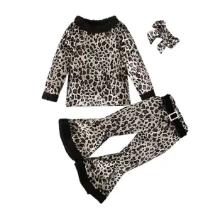 Leopard Bell-Bottom Pants Hat Set 3Pcs Fall Winter Outfits