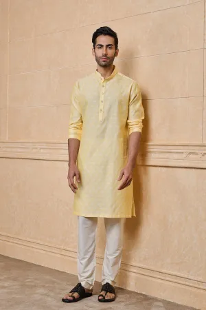 Light Yellow Jacquard Kurta Set With Top Stitch Detailing