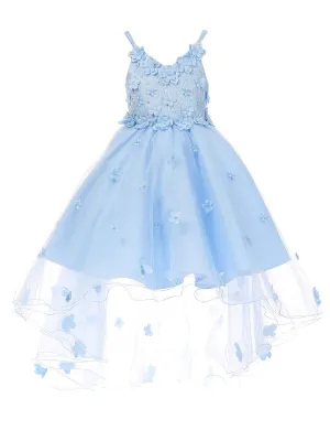 Little Girls Blue 3D Flower Embedded High Low Tulle Flower Girl Dress 2-6