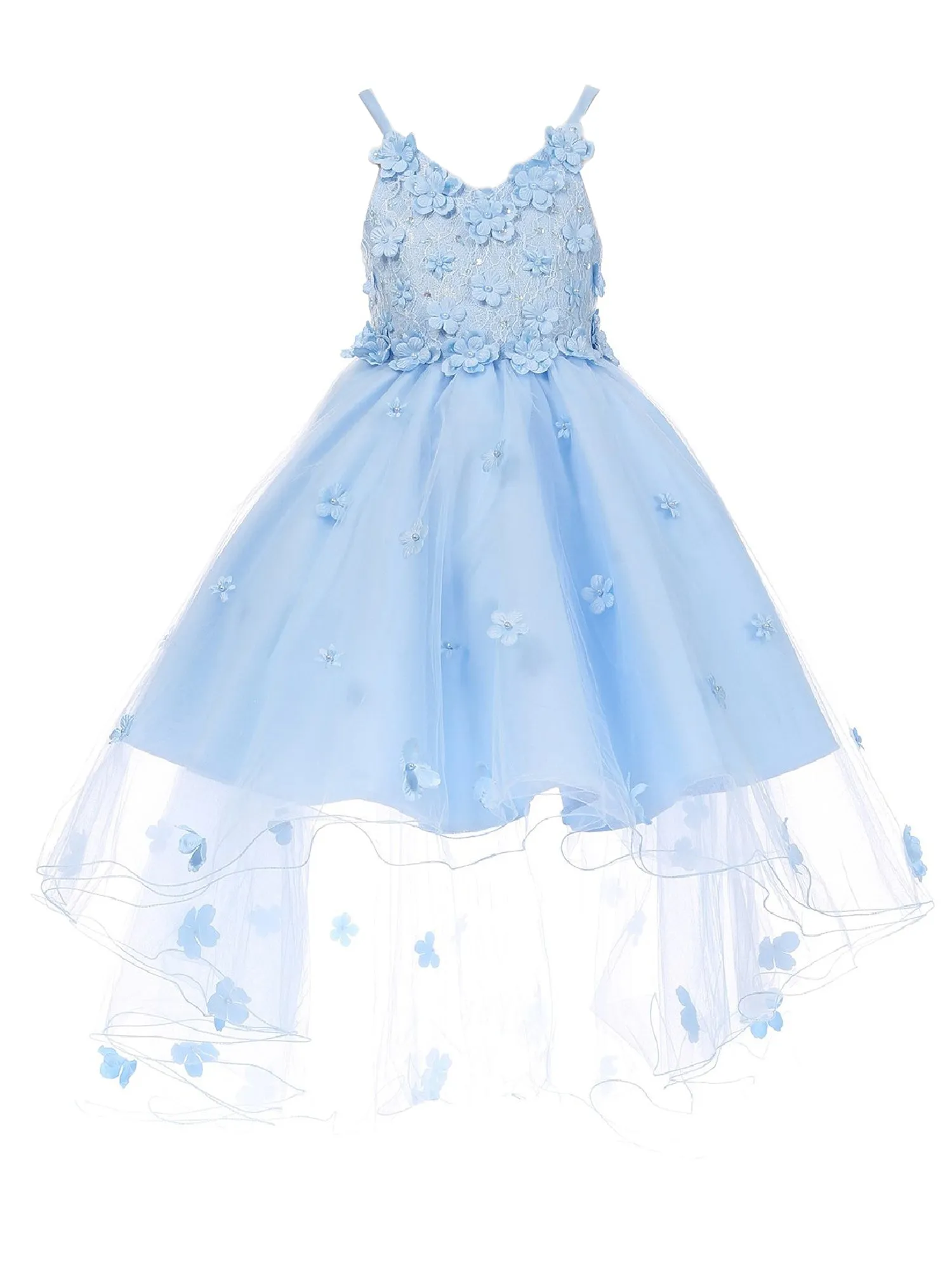 Little Girls Blue 3D Flower Embedded High Low Tulle Flower Girl Dress 2-6