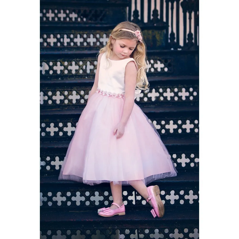 Little Girls Blush Satin Tulle Tea Length Flower Girl Dress 2-6