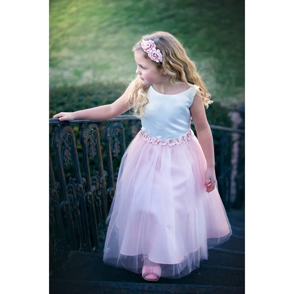 Little Girls Blush Satin Tulle Tea Length Flower Girl Dress 2-6