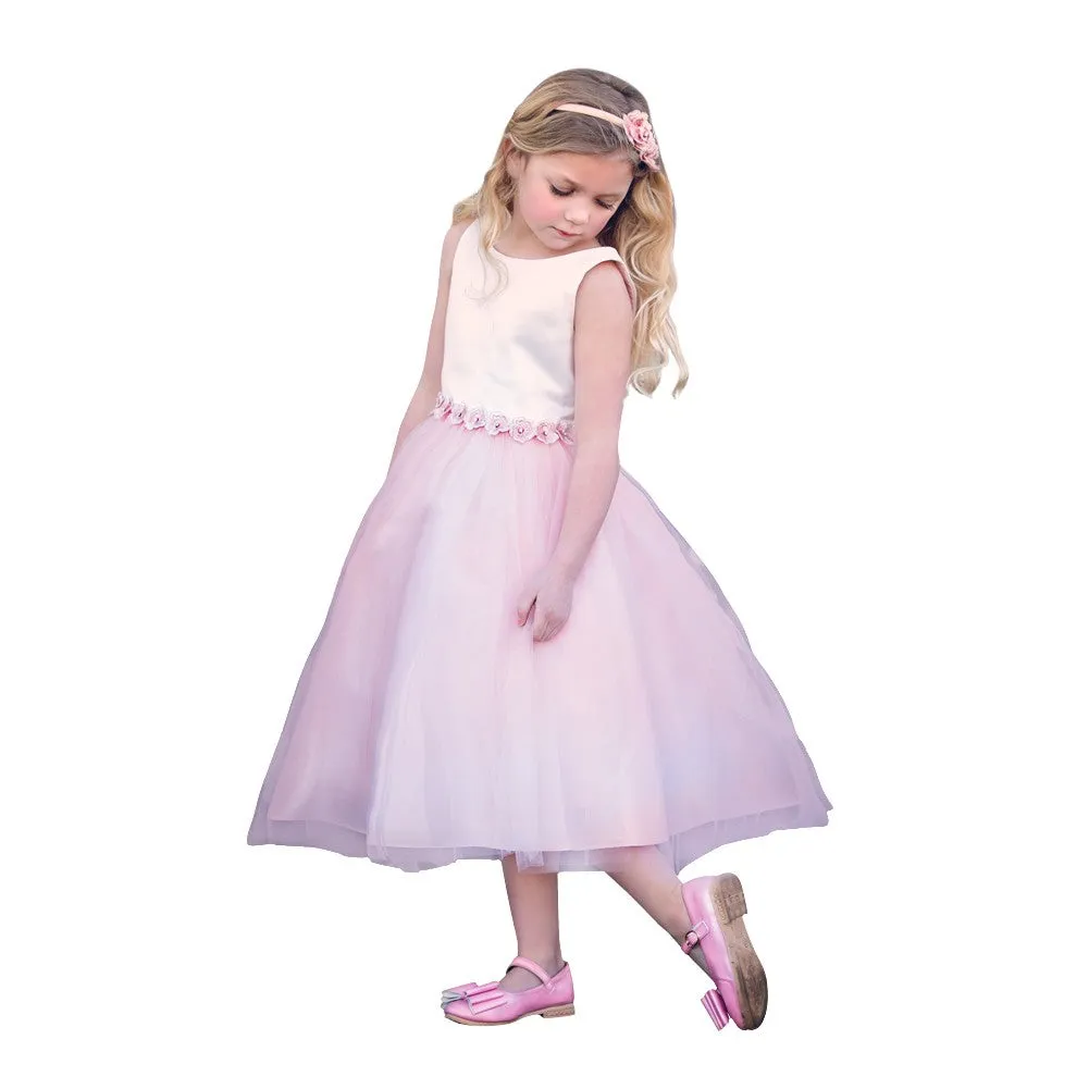 Little Girls Blush Satin Tulle Tea Length Flower Girl Dress 2-6