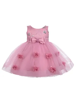 Little Girls Dusty Pink Bow Floral Appliques Tulle Flower Girl Dress 2T-4T