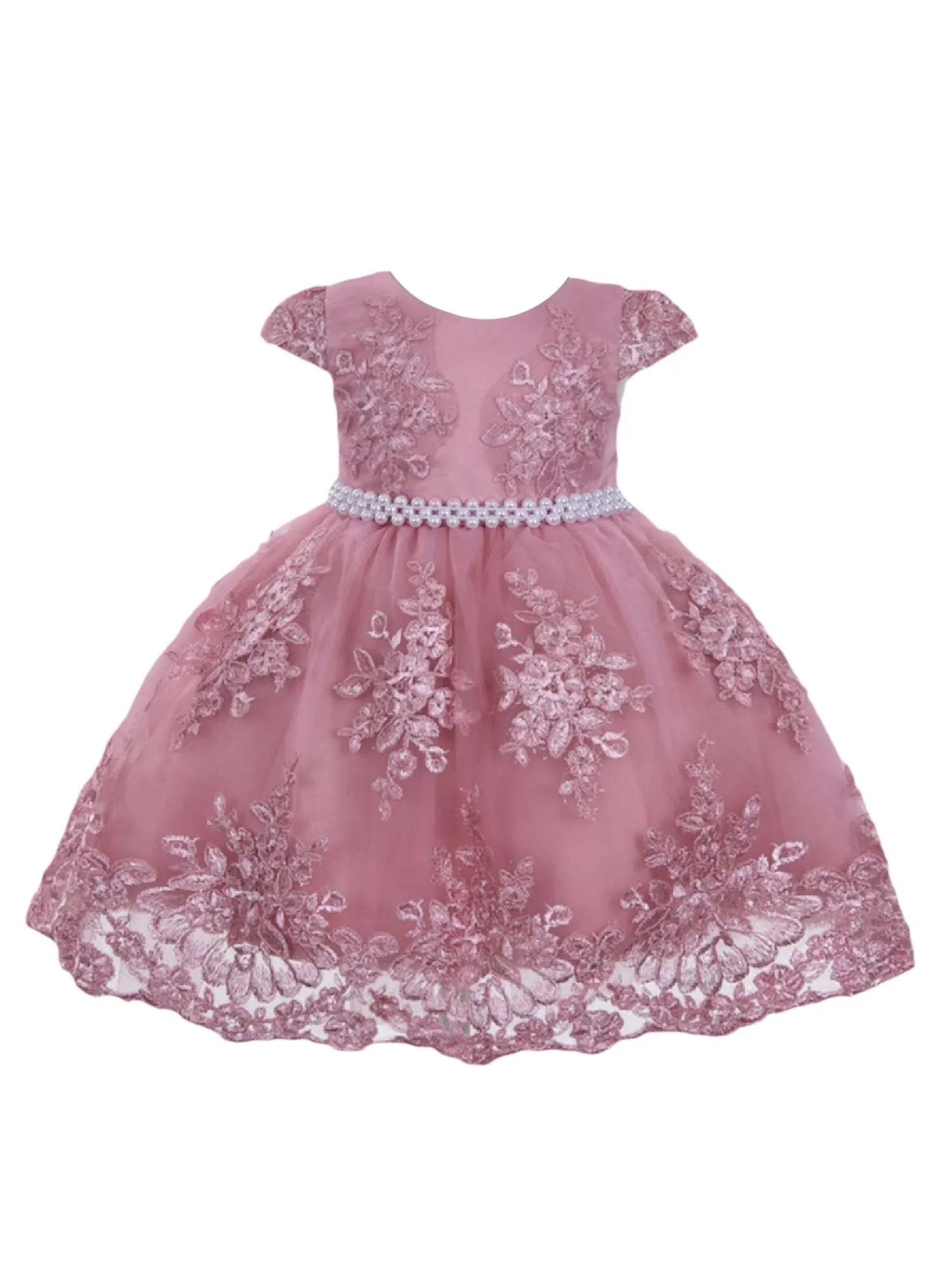 Little Girls Dusty Pink Floral Embroidery Pearl Waist Flower Girl Dress 2T-4T
