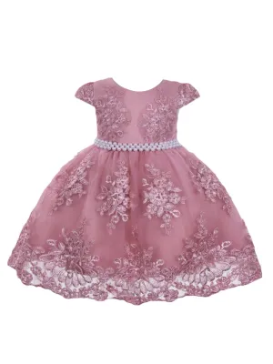 Little Girls Dusty Pink Floral Embroidery Pearl Waist Flower Girl Dress 2T-4T