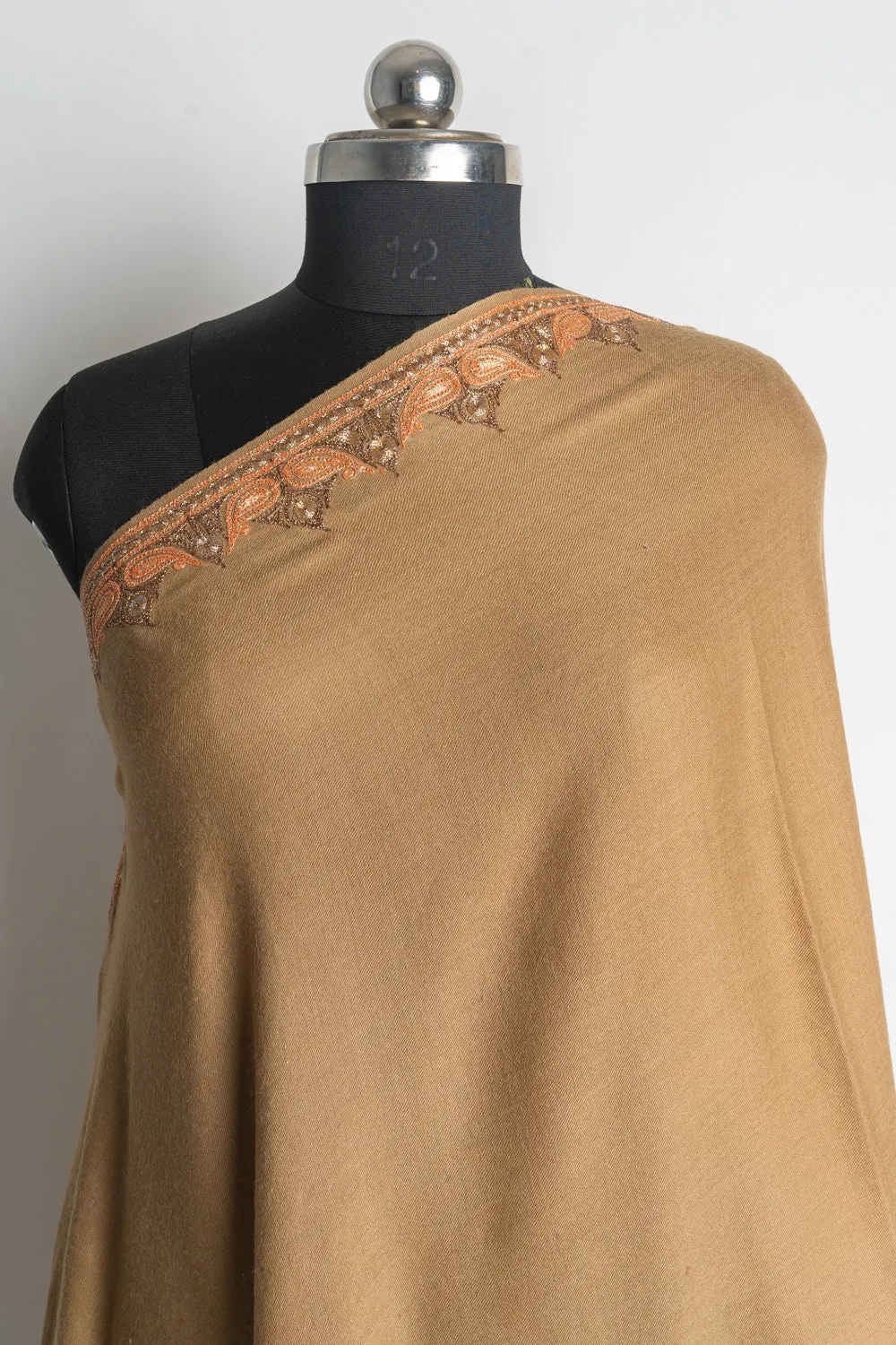 Luxurious Amber Kashmiri Tilla Embroidered Merino Wool Shawl