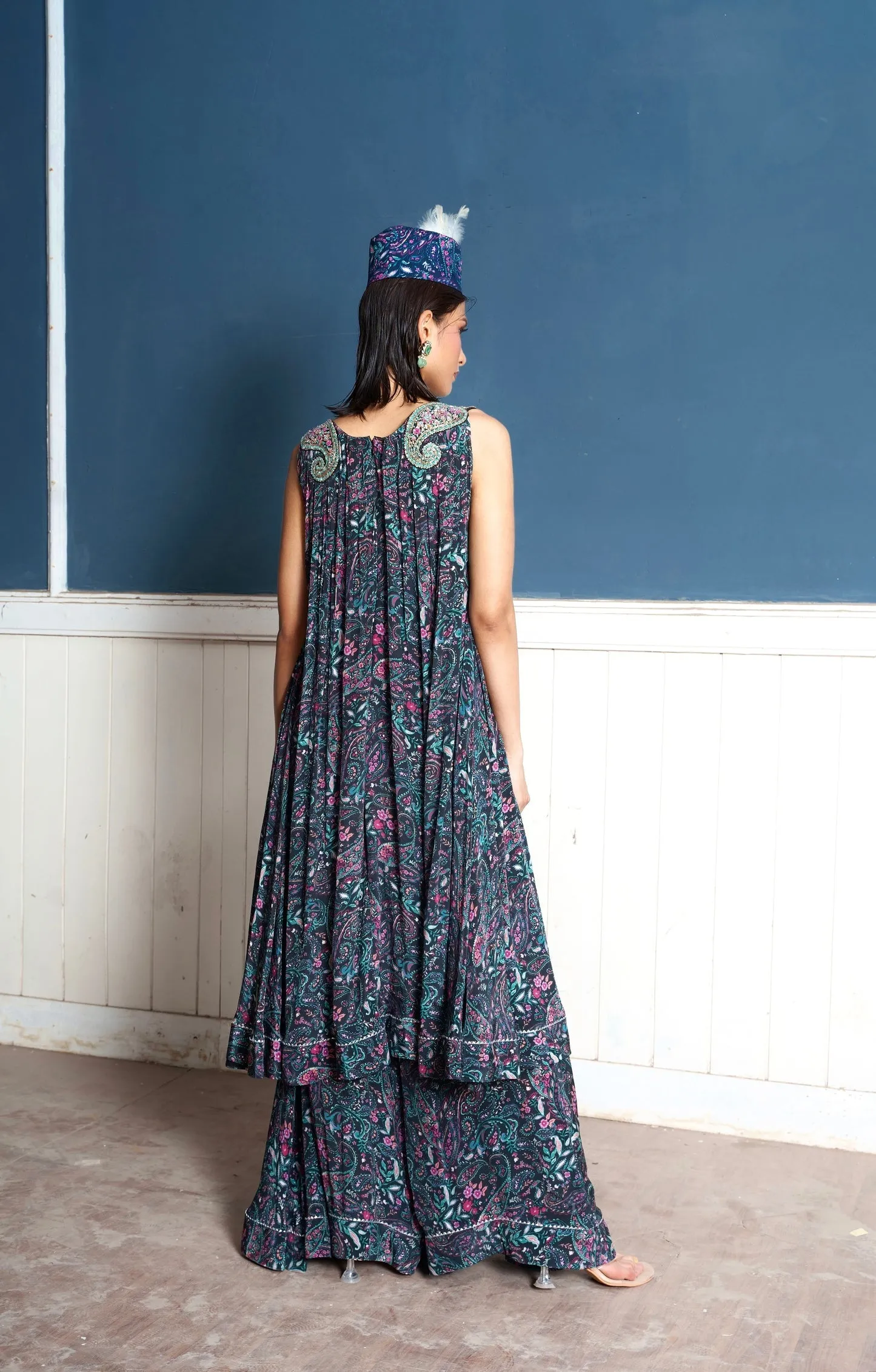 Paisley Embroidered Midnight Printed Palazzo Suit Dress