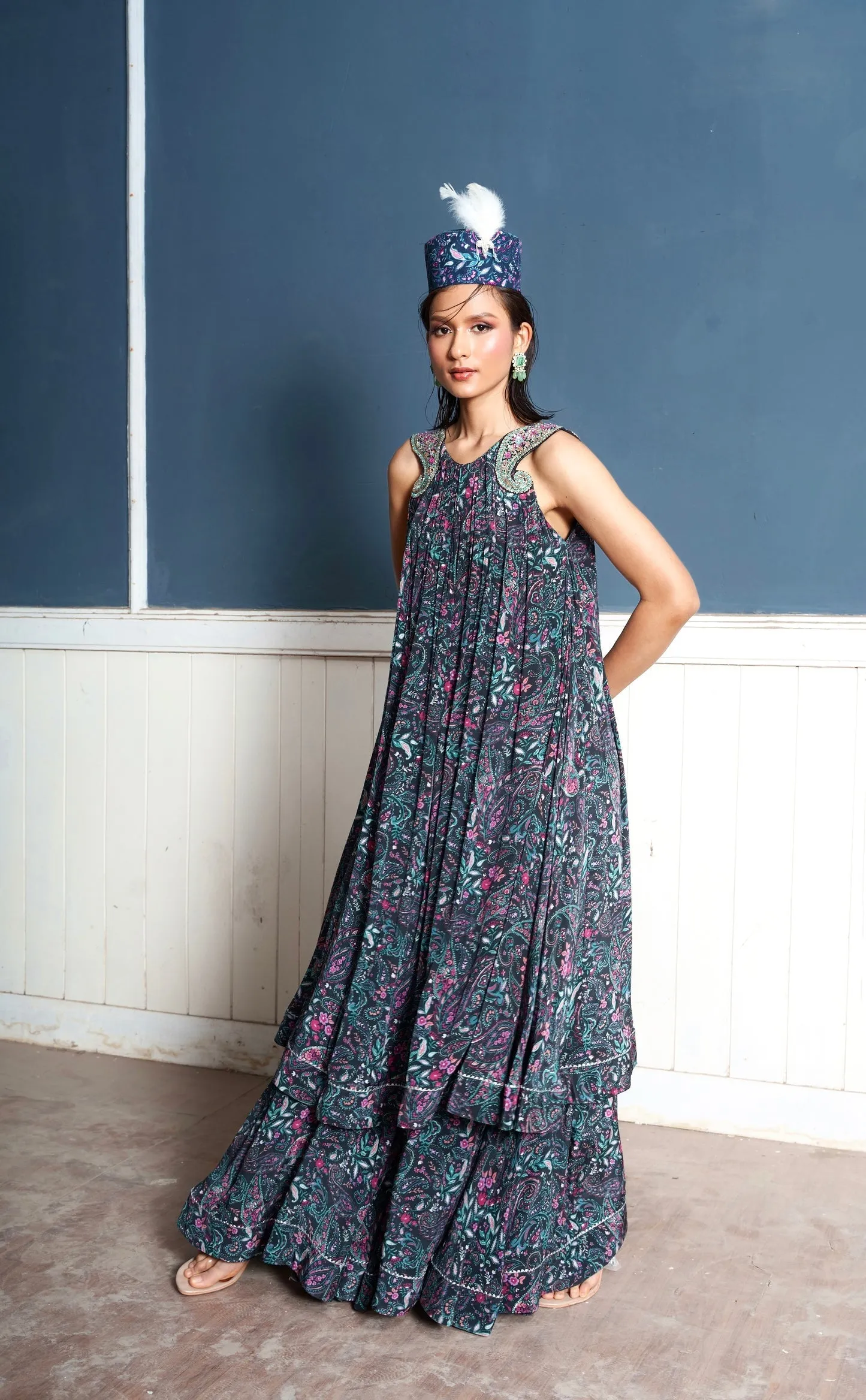 Paisley Embroidered Midnight Printed Palazzo Suit Dress