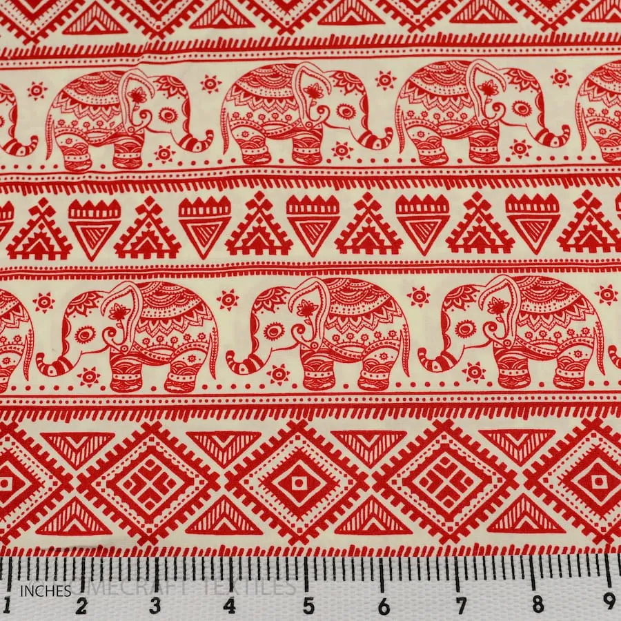 Red Tribal Elephant Animal Cotton Print
