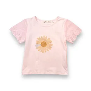 Rhinstone Floral Lace Sleeves Pink Tee