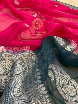 Royal Splendor: Rani Pink and Green Pure Khaddi Chiffon Handloom Banarasi Saree