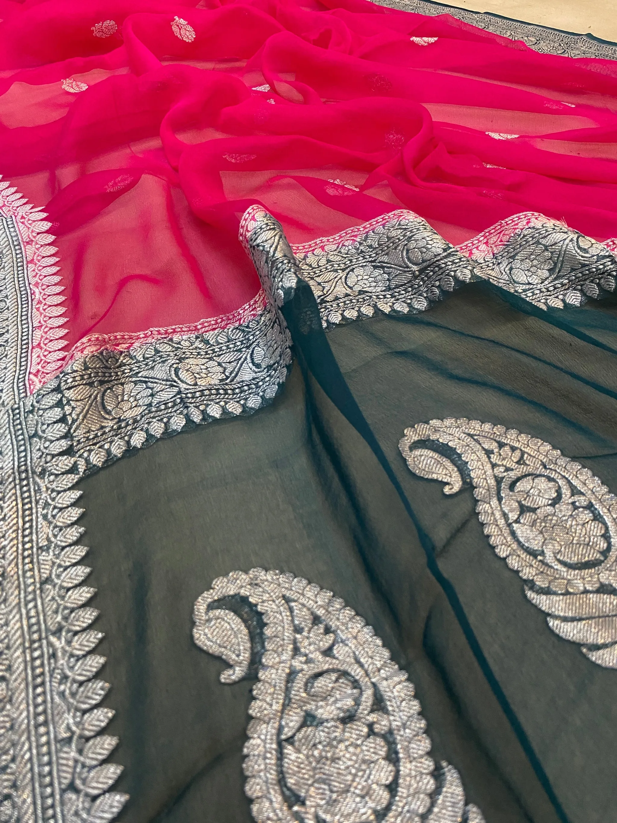 Royal Splendor: Rani Pink and Green Pure Khaddi Chiffon Handloom Banarasi Saree