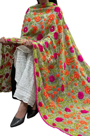 Stunning Grey Phulkari Georgette Dupatta with Hand Embroidery
