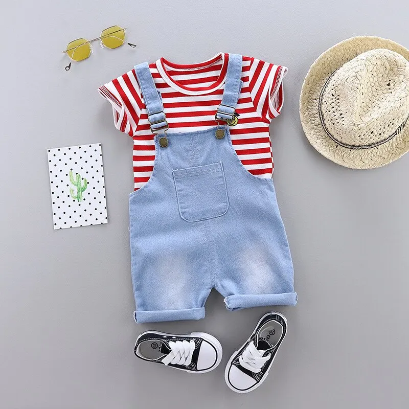 Summer Children Baby Boy Girl Cotton Clothes Stripe T-Shirt Strap Shorts 2pcs/Sets Child Toddler Fashion Clothing Kid Tracksuits