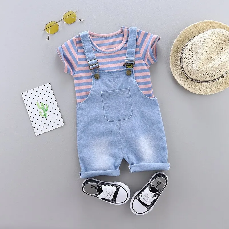 Summer Children Baby Boy Girl Cotton Clothes Stripe T-Shirt Strap Shorts 2pcs/Sets Child Toddler Fashion Clothing Kid Tracksuits