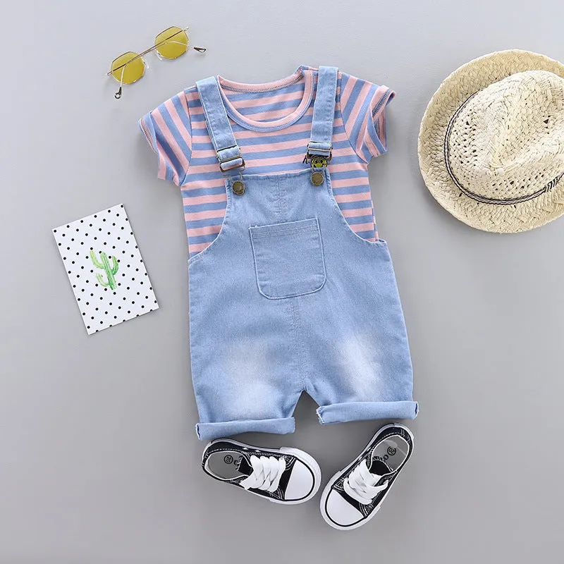 Summer Children Baby Boy Girl Cotton Clothes Stripe T-Shirt Strap Shorts 2pcs/Sets Child Toddler Fashion Clothing Kid Tracksuits