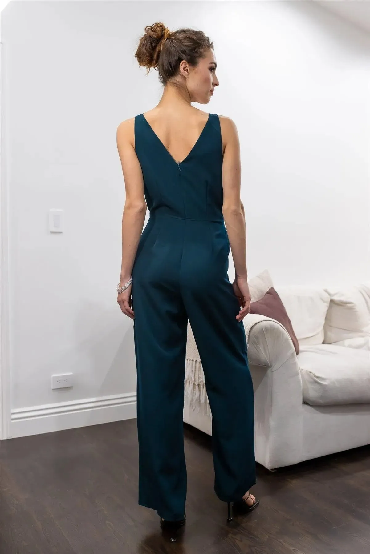Teal Front Double Wrap Lace Trim Neck Detail Sleeveless Jumpsuit /1-3-2