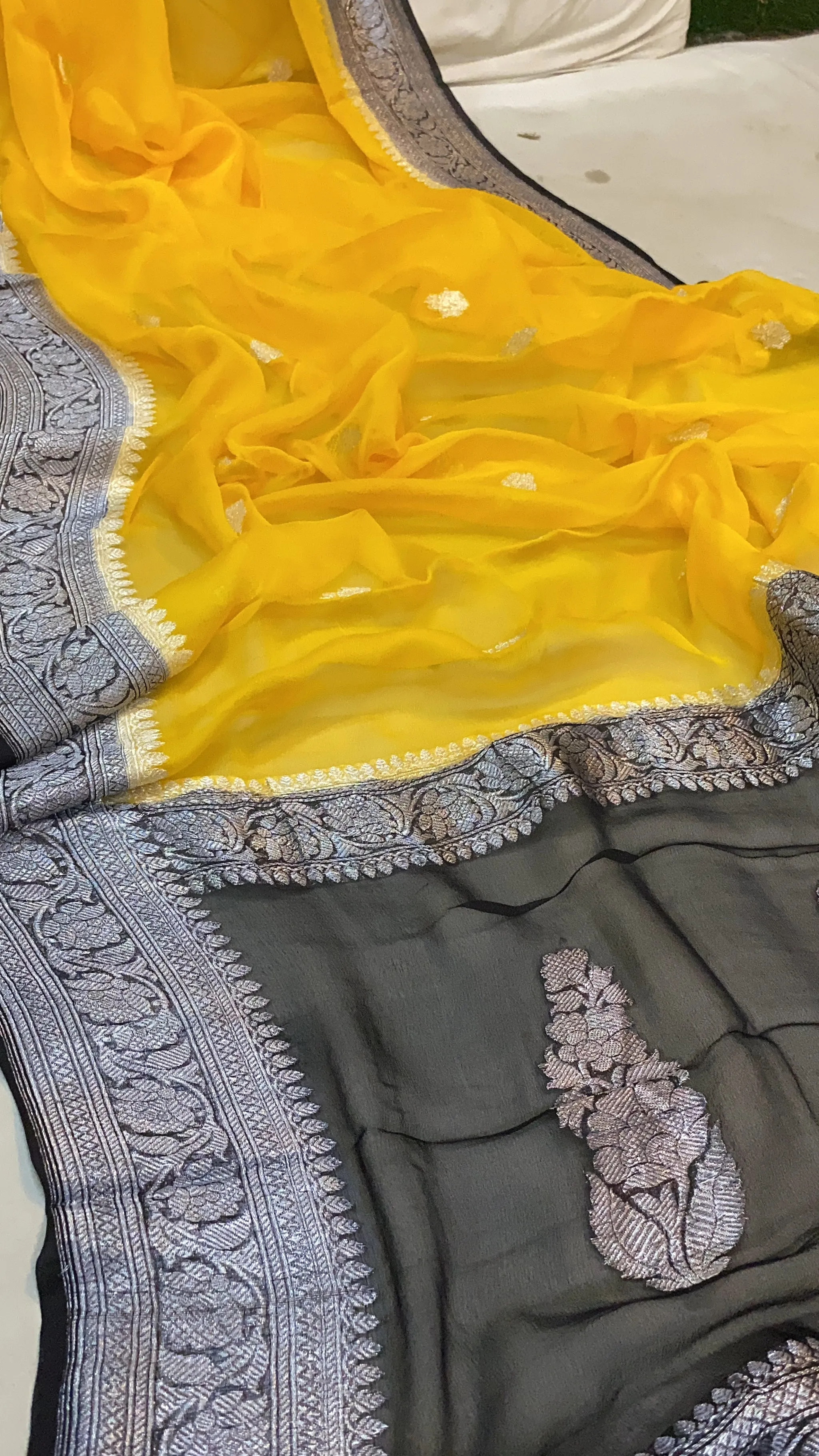 Vibrant Elegance: Bright Yellow and Black Pure Khaddi Chiffon Handloom Banarasi Saree