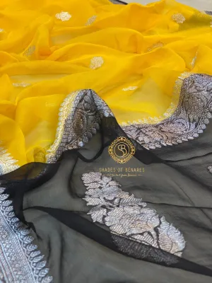 Vibrant Elegance: Bright Yellow and Black Pure Khaddi Chiffon Handloom Banarasi Saree