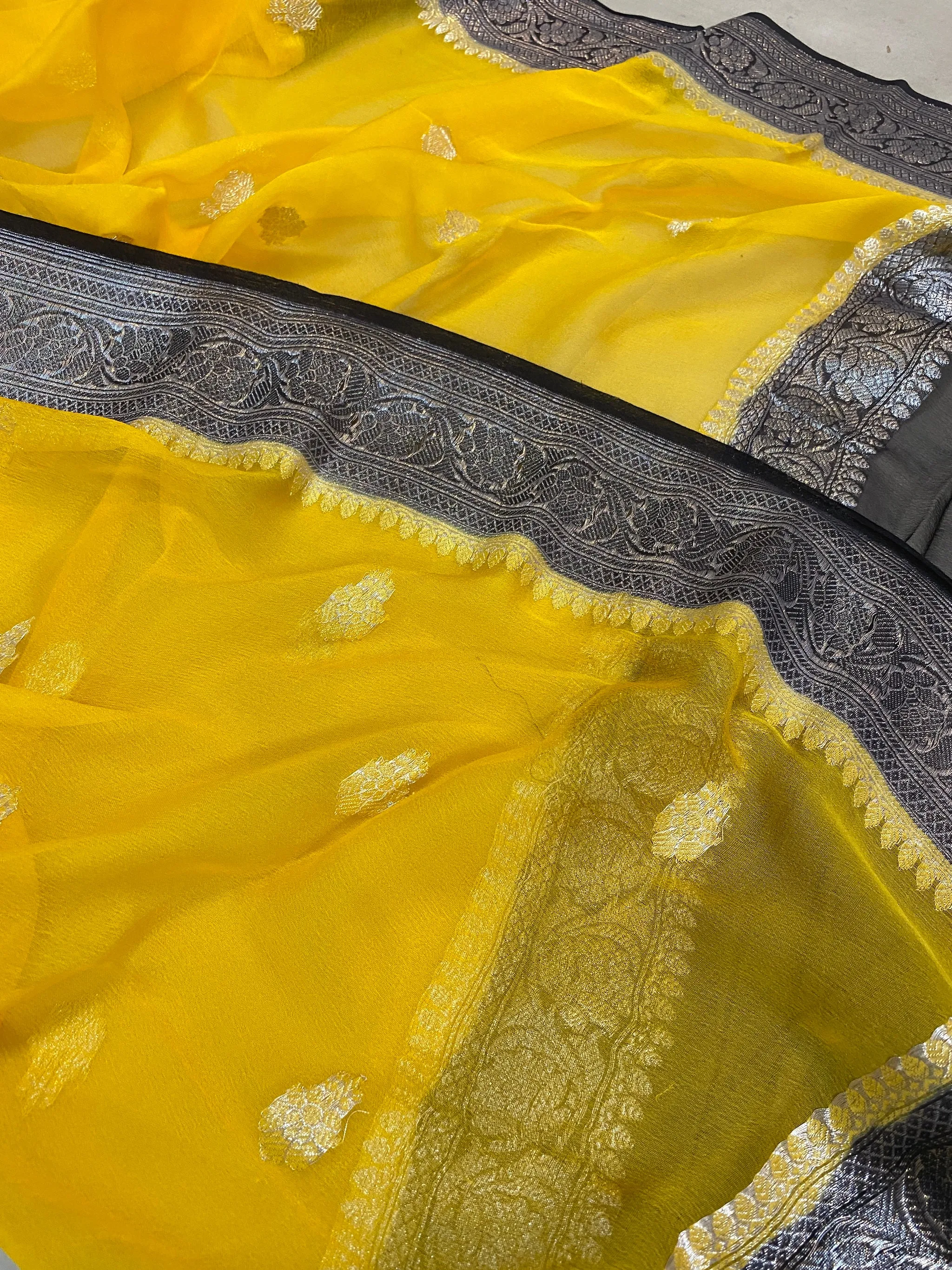 Vibrant Elegance: Bright Yellow and Black Pure Khaddi Chiffon Handloom Banarasi Saree