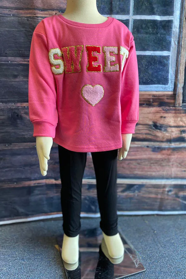 XCH01001 SWEET & heart embroidery pink long sleeve pullover girls sweatershirt