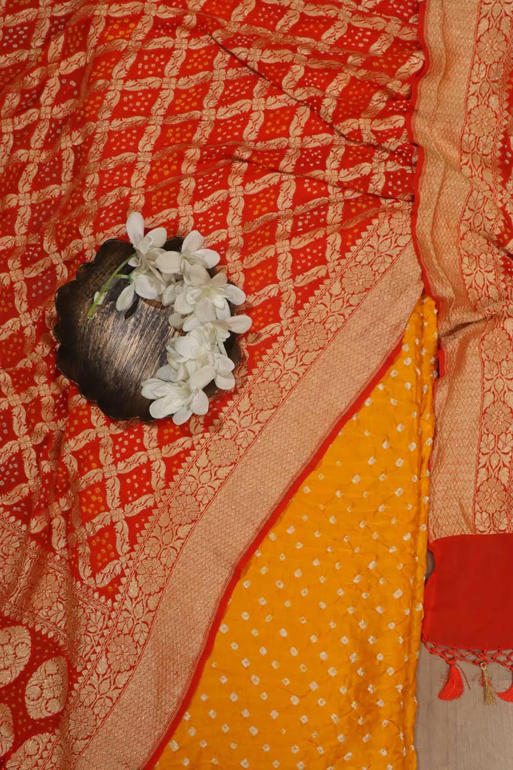 Yellow Bandhani Gajji Silk Suit With Orange Banarasi Bandhani Pure Georgette Dupatta