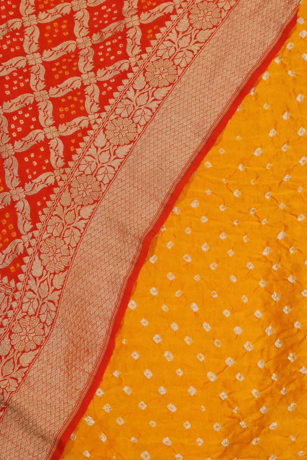 Yellow Bandhani Gajji Silk Suit With Orange Banarasi Bandhani Pure Georgette Dupatta