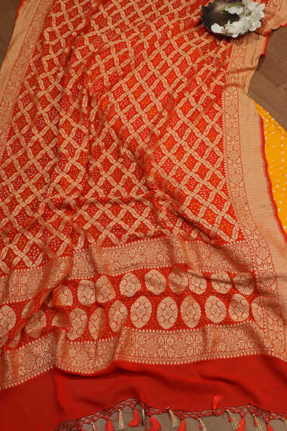 Yellow Bandhani Gajji Silk Suit With Orange Banarasi Bandhani Pure Georgette Dupatta